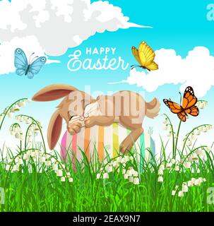 Happy Easter holiday vector poster with cute bunny sleeping on decorated egg on field with flowers and butterflies. Cartoon greeting card with sleepy Stock Vector
