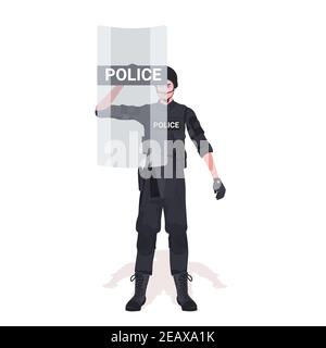 policeman in full tactical gear riot police officer with shield and protesters and demonstration riots mass control concept full length vector illustration Stock Vector