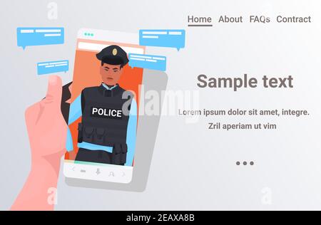 human hand using smartphone chatting with policeman during video call online communication concept portrait horizontal copy space vector illustration Stock Vector