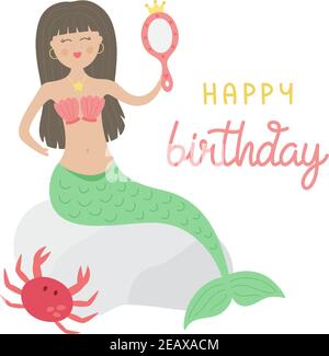 Cute mermaid vector illustration, birthday greeting card. Brown hair mermaid girl, princess with green tail and red shell bra sitting on rock with cut Stock Vector