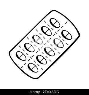 Simple hand drawn blister of pills. Isolated on a white background. Vector stock illustrarion. Stock Vector