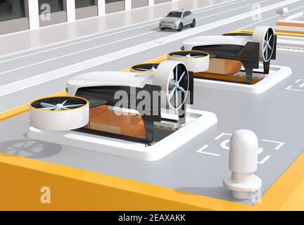 Delivery drones parking on the launch pad. Last one mile concept. 3D rendering image. Stock Photo