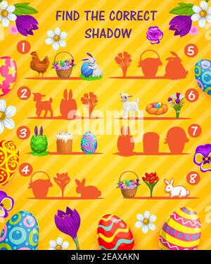 Find correct shadow vector kids game or puzzle with cartoon Easter eggs. Memory game of children education worksheet template with Easter egg hunt bun Stock Vector