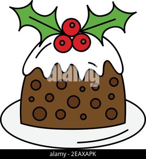 Christmas pudding vector outlined illustration icon. Seasonal, festive, traditional holiday hand drawn dessert on plate with cream on top and mistleto Stock Vector