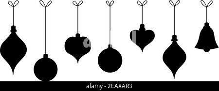 Set of hanging christmas balls on string vector illustration. Black silhouette of different shapes of xmas ornaments, heart, round, bell and drop. Fes Stock Vector