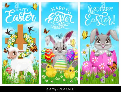 Happy Easter holiday, vector rabbits, chicks and white sheep with decorated eggs and cross on field, bunny sit in egg. Greeting cards with cute cartoo Stock Vector