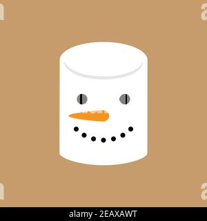 Cute simple snowman marshmallow vector illustration. Snowman face, sweet marshmallow candy icon, isolated on brown background. Stock Vector