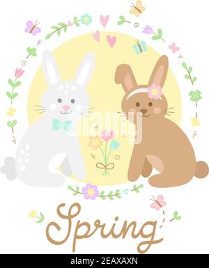 Cute bunnies vector illustration. Hand drawn outlined rabbits in love, sitting next to each other with flowers and butterflies in circle around them. Stock Vector
