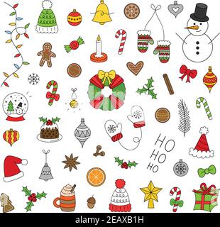 Christmas vector illustration set. Cute hand drawn festive, seasonal, holiday collection, isolated. Xmas colorful outlined icons. Stock Vector