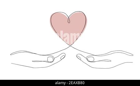 Single continuous line drawing of hands holding a heart on white background. Modern vector illustration for Valentine day banner, web, design element Stock Vector