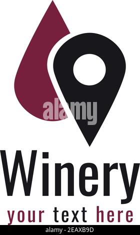 Winery vector graphic icon. Wine place symbol with wine red drop and black location sign. Isolated. Stock Vector