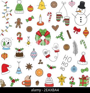 Christmas vector illustration set. Cute hand drawn festive, seasonal, holiday collection, isolated. Xmas colorful icons. Stock Vector