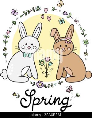 Cute bunnies vector illustration. Hand drawn outlined rabbits in love, sitting next to each other with flowers and butterflies in circle around them. Stock Vector