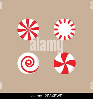 Christmas peppermint candy vector illustration icon set. Round red and white xmas, holiday candy with swirls. Isolated on beige background. Stock Vector