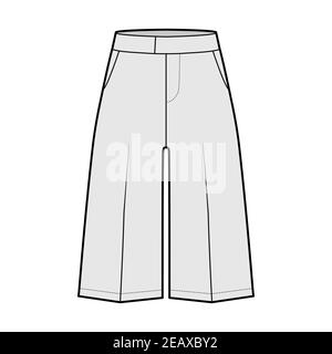 Short Bermuda dress pants technical fashion illustration with knee length, normal waist, high rise, slashed pocket. Flat walking bottom template front, grey color style. Women, men CAD mockup Stock Vector