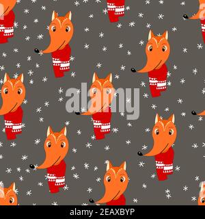 Seamless pattern with cute animal face on color background. Fox in a winter scarf. Merry Christmas and New year vector illustration for fabric Stock Vector