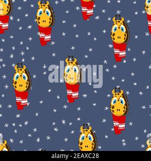 Seamless pattern with cute animal face on color background. Giraffe in a winter scarf. Merry Christmas and New year vector illustration for fabric Stock Vector