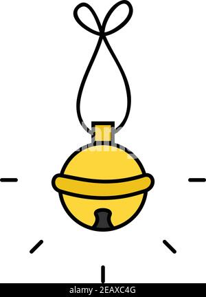 Isolated golden jingle bell with string in cartoon style over white ...