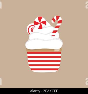 Christmas, peppermint cupcake vector illustration icon. Cute cupcake decorated with whipped cream frosting, peppermint candy cane and candies. Isolate Stock Vector