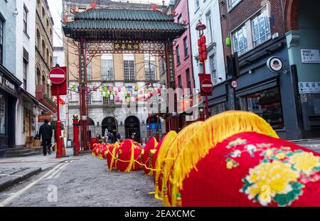 London, UK. 10th Feb, 2021. Lanterns are seen ready to hang up in China Town in London, UK on February 10, 2021. Chinese New Year is the biggest festival in Asia. Every year, hundreds of thousands of people usually descend on the West End in London to enjoy a colourful parade, free stage performances and traditional Chinese food, and to wish each other ''Xin Nian Kuai Le'' (Happy New Year in Mandarin) or ''San Nin Faai Lok'' (in Cantonese). Due to national lockdown restrictions, people can enjoy London's Chinese New Year entertainment from home with an online celebration of past Stock Photo