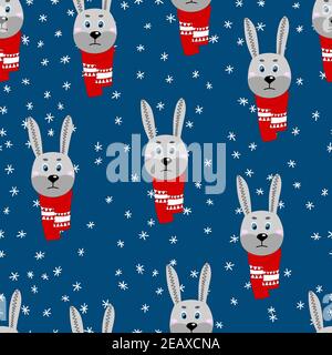 Seamless pattern with cute animal face on color background. Hare in a winter scarf. Merry Christmas and New year vector illustration for fabric Stock Vector
