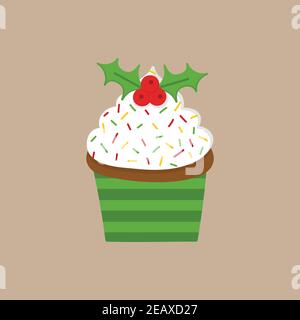 Christmas cupcake vector illustration icon. Cute chocolate cupcake decorated with whipped cream frosting, colorful sprinkles and mistletoe on top. Iso Stock Vector