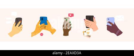 Set of vector illustrations concept of social networks and communications. Various hands holding smartphones. Video call, text chat, payment, email, l Stock Vector