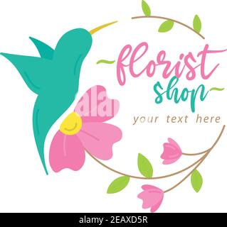Florist shop vector illustration. Hand drawn hummingbird with flower wreath and writing inside, company template. Invitation, greeting card decoration Stock Vector