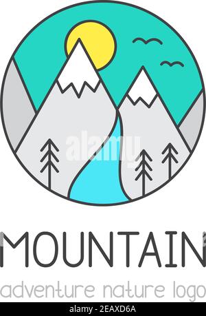 Mountain vector illustration icon. Nature, adventure, outdoor graphic colorful logo with text, simple doodle lines. Isolated. Stock Vector