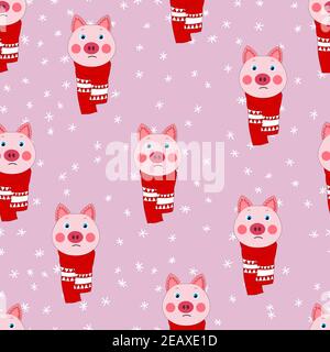 Seamless pattern with cute animal face on color background. Pig in a winter scarf. Merry Christmas and New year vector illustration for fabric Stock Vector