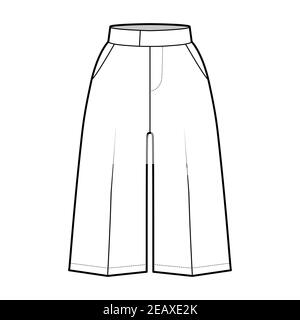 Short Bermuda dress pants technical fashion illustration with knee length, single pleat, normal waist, high rise, slashed pocket. Flat bottom template front, white color style. Women, men CAD mockup Stock Vector