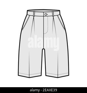 Short Bermuda dress pants technical fashion illustration with above-the-knee length, single pleat, normal waist, high rise. Flat walking bottom front, grey color style. Women, men CAD mockup Stock Vector