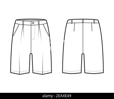 Short Bermuda dress pants technical fashion illustration with above-the-knee length, single pleat, low waist, rise, slashed pocket. Flat walking bottom front, back, white color. Women, men CAD mockup Stock Vector