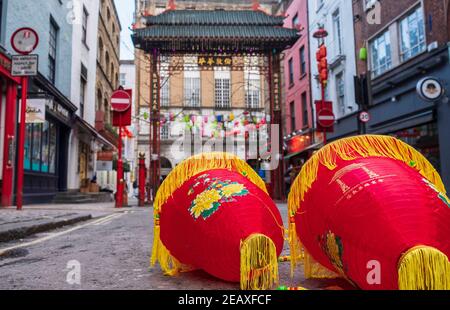 View of Chinese lanterns ready to hang up in China Town, London.Chinese New Year is the biggest festival in Asia. Every year, hundreds of thousands of people usually descend on the West End in London to enjoy a colorful parade, free stage performances and traditional Chinese food, and to wish each other 'Xin Nian Kuai Le' (Happy New Year in Mandarin) or 'San Nin Faai Lok' (in Cantonese). Due to national lockdown restrictions, people can enjoy London's Chinese New Year entertainment from home with an online celebration of past Chinese New Year festivities, alongside performances from emerging C Stock Photo