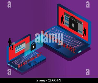 Ransomware malware wannacry risk symbol hacker cyber attack concept computer virus NotPetya Spectre Meltdown infection infographic. Vector online hack Stock Vector