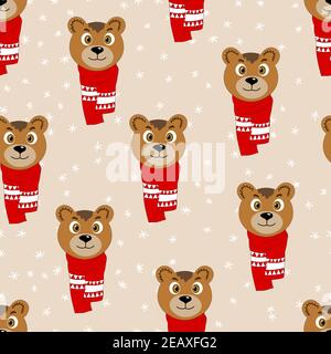 Seamless pattern with cute animal face on color background. Bear in a winter scarf. Merry Christmas and New year vector illustration for fabric Stock Vector