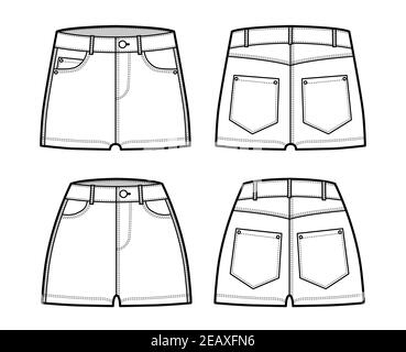 Set of Denim hot shorts pants technical fashion illustration with micro ...