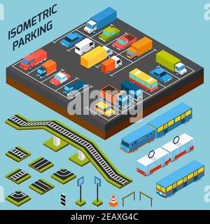 Isometric parking with 3d cars trucks and and buses elements isolated vector illustration Stock Vector
