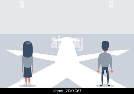 Confused newlyweds are standing at a crossroads , in front of arrows as symbol for choice, career path or opportunities, business concept decision Stock Vector