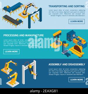 Robotic arms horizontal banners set with isometric manufacturing process products transporting vector illustration Stock Vector