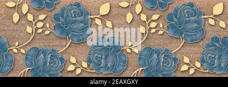 Flower tile wall Decor, Digital Wall Tile Design, Blue flower and golden leaf Decor on Marble For Home Decoration, Illustration. Stock Photo