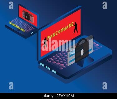 Ransomware malware wannacry risk symbol hacker cyber attack concept computer virus NotPetya Spectre Meltdown infection infographic. Vector online hack Stock Vector