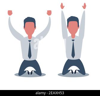 Flat depressed businessman kneeling. Bankruptcy and business failure concept. Stock Vector