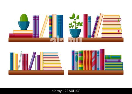 Bookcase shelves with potted plants. Bestseller books stack in cartoon style. Vector illustration isolated on white background Stock Vector