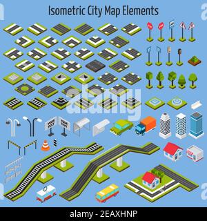 Isometric city map road and house construction elements set isolated vector illustration Stock Vector