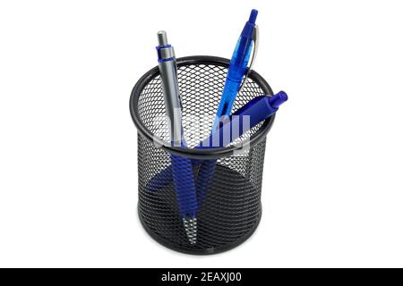 holder basket full with blue ballpoint pens isolated on white background Stock Photo