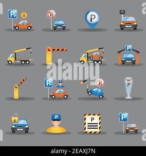 Parking lot signs and automatic access control gates and barriers pictograms collection flat abstract isolated vector illustration Stock Vector