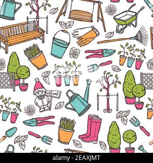 Gardening seamless pattern with hand drawn farming equipment vector illustration Stock Vector