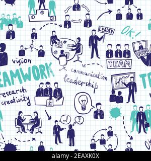 Teamwork hand drawn seamless pattern with business people and resources vector illustration Stock Vector