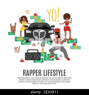 Rap music concept with rapper lifestyle accessories flat icons set vector illustration Stock Vector